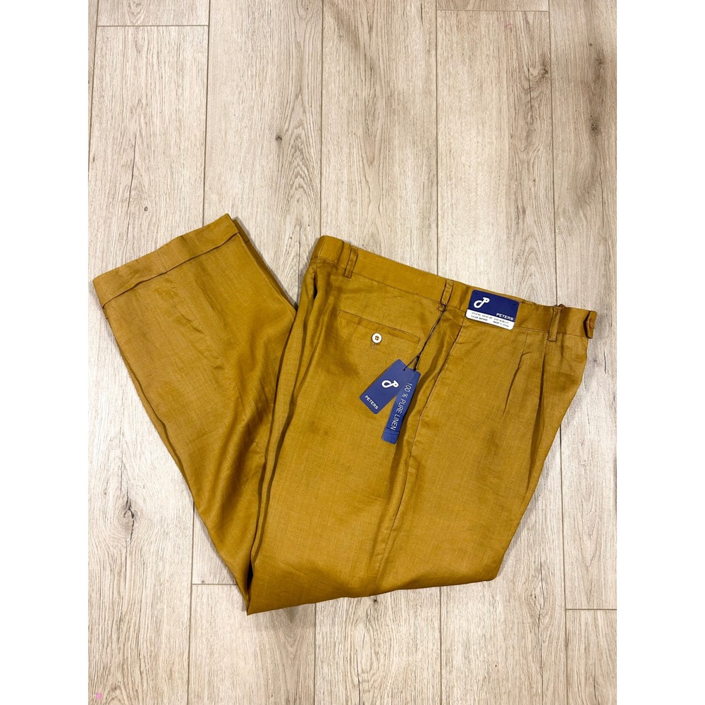 Peters Mens 100% Pure Linen Pleated Cuffed Dress Pants Bronze Brown W38 L34